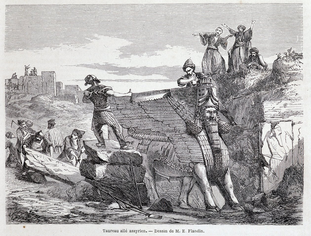 ثور مجنح آشوري في موقع نينوى - في الشوط الأول "" Tour du monde ". 1863. بواسطة فنان غير معروف