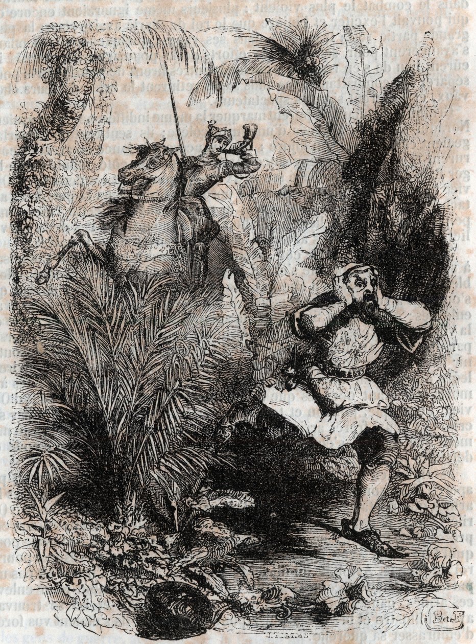 Astolphe يصنع Caligorant Flee - 1851 نقش من "Furious Roland" (أورلاندو فوريوسو) (القرن السادس عشر) بواسطة Ludovico Ariosto ، المعروف باسم Ariosto - طبعة مترجمة من الإيطالية بواسطة Count of Tressan ونشرها Gustave Harvard 1851 بواسطة فنان غير معروف