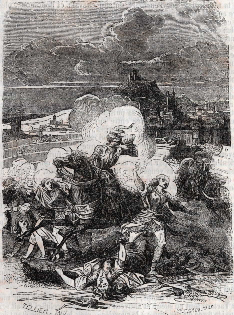 Astolphe تجعل النساء القاتلات يهربن - 1851 نقش من "Furious Roland" (أورلاندو فوريوسو) (القرن السادس عشر) من تأليف Ludovico Ariosto ، المعروف باسم Ariosta - طبعة مترجمة من الإيطالية بواسطة Count of Tressan ونشرها Gustave Harvard 1851 بواسطة فنان غير معروف