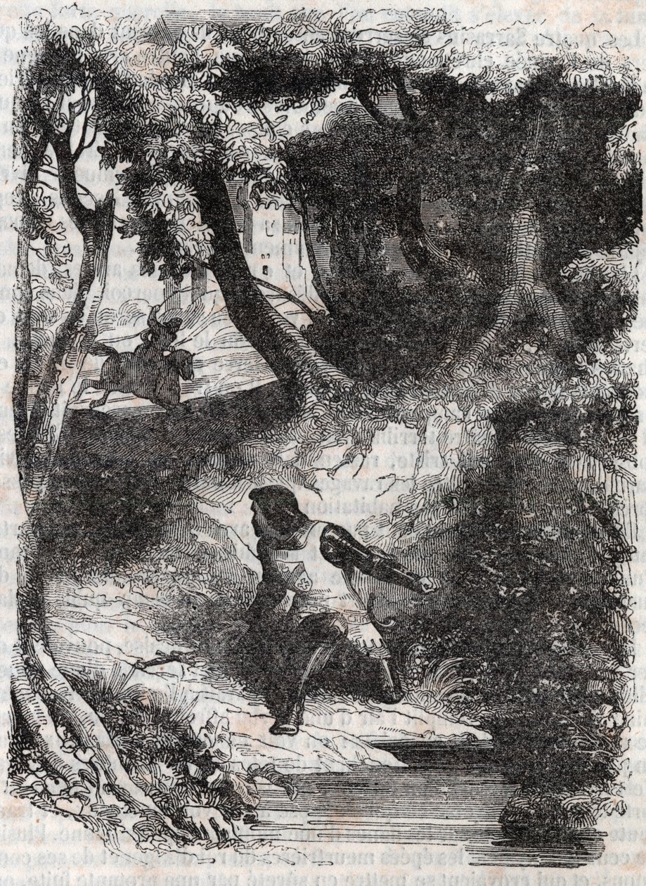 Astolphe على حافة نافورة - نقش عام 1851 من "Furious Roland" (أورلاندو فوريوسو) (القرن السادس عشر) بواسطة Ludovico Ariosto ، المعروف باسم Ariosta - طبعة مترجمة من الإيطالية بواسطة Count of Tressan ونشرها Gustave Harvard 1851 بواسطة فنان غير معروف