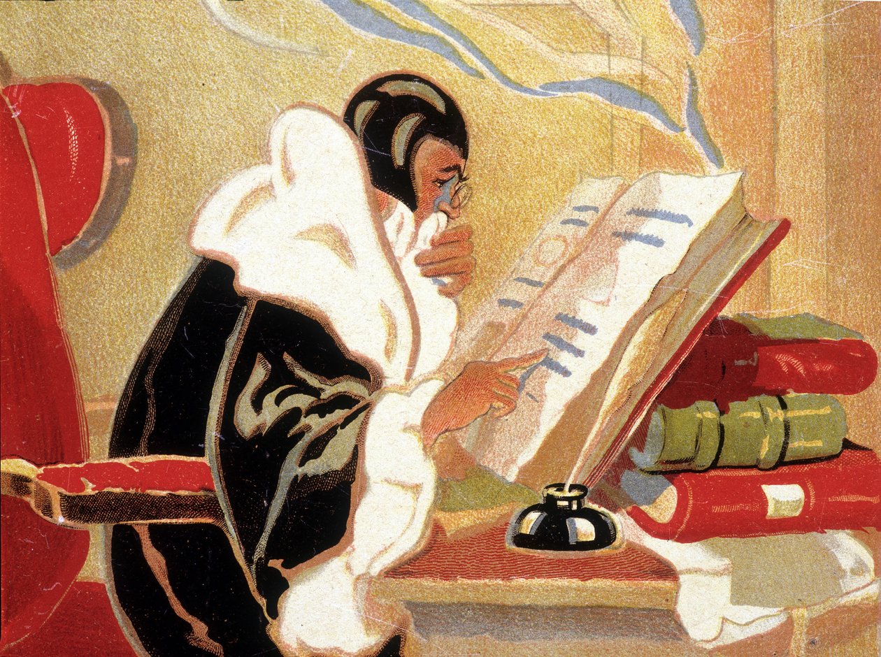 المنجم: نوستراداموس يدرس كتابا. بواسطة فنان غير معروف