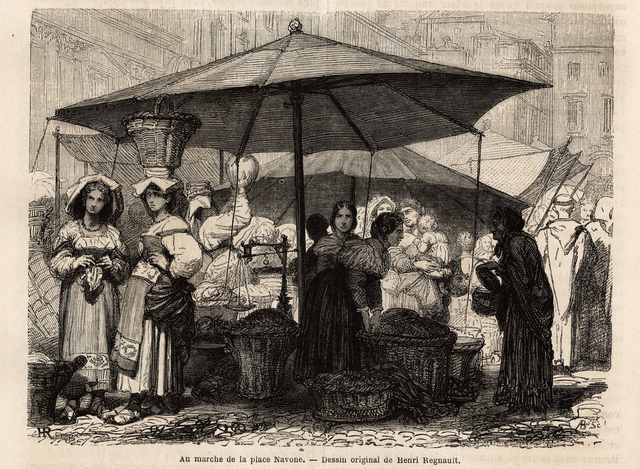 عند سفح ساحة نافونا ، روما (إيطاليا). نقش لتوضيح الرحلة إلى روما ، بقلم فرانسيس وي ، في 1864-1868 ، نُشر في "Le tour du monde ، nouveau journal des voyages" ، تحت إشراف إدوارد شارتون بواسطة فنان غير معروف