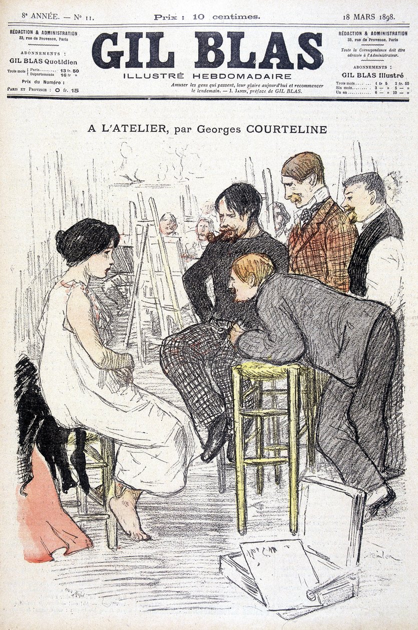 في ورشة العمل لجورج كورتلاين. رجل يراقب امرأة تنتحل في ورشة. في "" جيل بلاس "18/03/1898. بواسطة فنان غير معروف