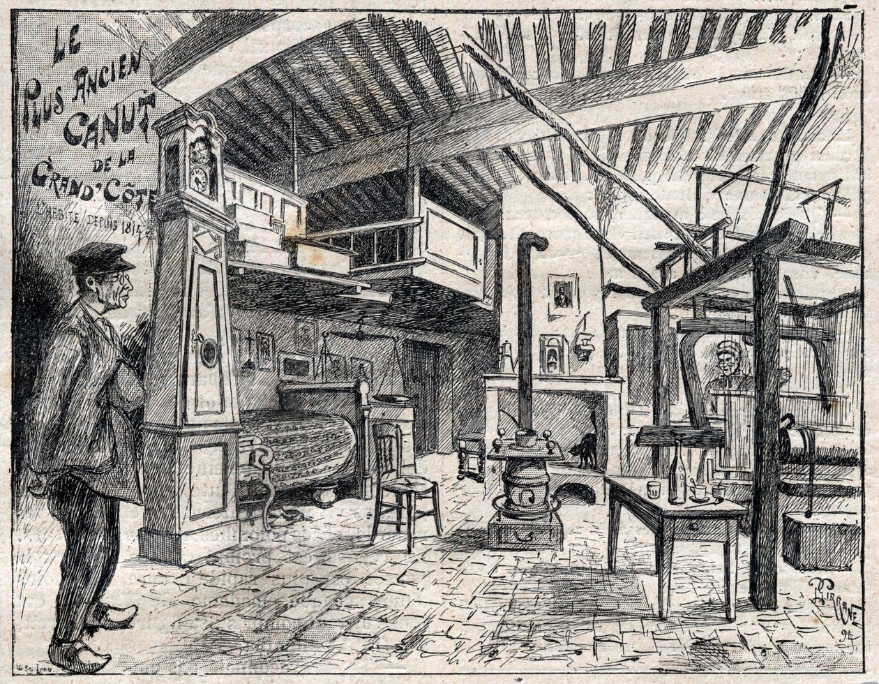 Atelier de Canut a Lyon - أقدم زورق في Grand Cote منذ عام 1814 نقش في "Le Progres اللامع" "عام 1895 بواسطة فنان غير معروف