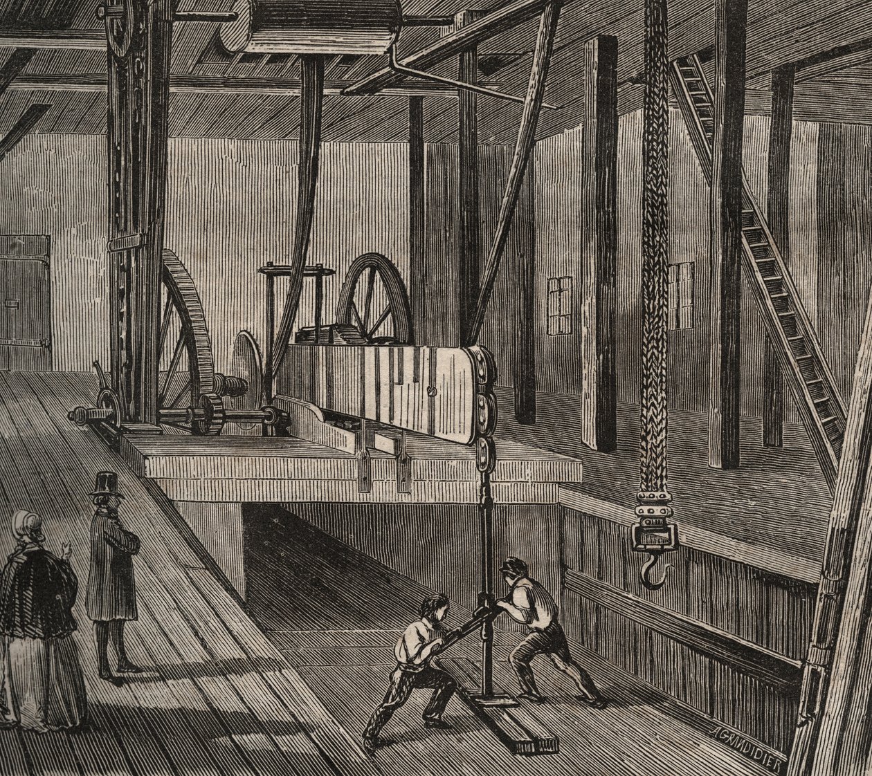 أتيليه دو حفر البئر الارتوازي دي باسي. نقش من 1856 في "Le Musee Des Sciences" بواسطة فنان غير معروف