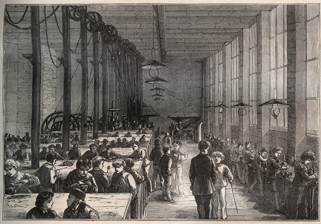 Atelier du fer - مدرسة التدريب المهني البلدية في شارع Boulevard de la Villette في باريس عام 1875 - نقش بواسطة فنان غير معروف