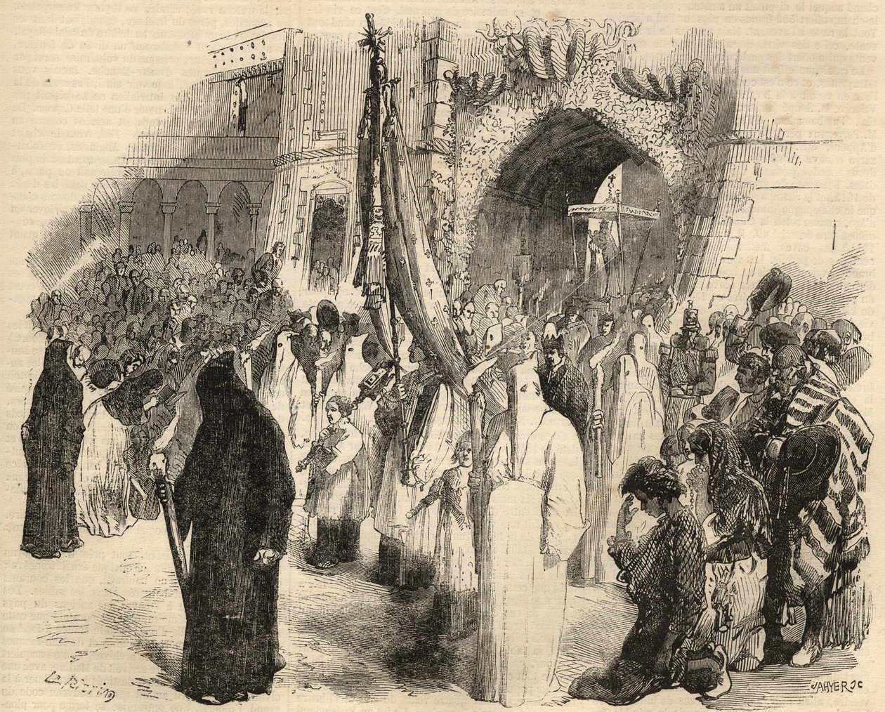 موكب الكفارة لوقف الحمى الصفراء في لشبونة ، البرتغال عام 1857. نقش في "لوموند لامع" من عام 1857. مجموعة خاصة. بواسطة فنان غير معروف