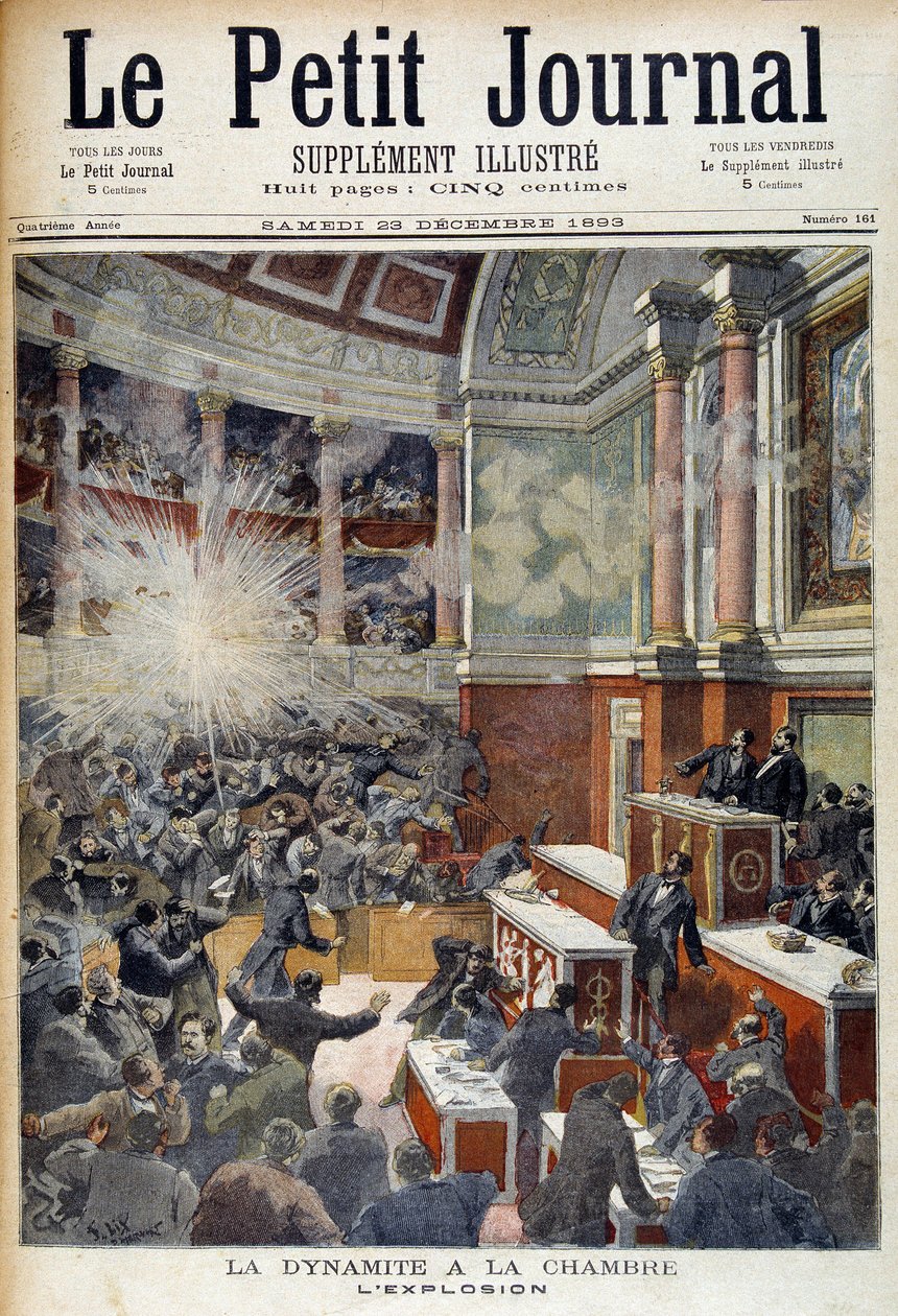 هجوم في مجلس النواب. انفجار ناتج عن قنبلة طرحها الأناركي أوغست فيلانت (1861-1894). في "" مجلة لو بيتيت "، 23/12/1893 بواسطة فنان غير معروف