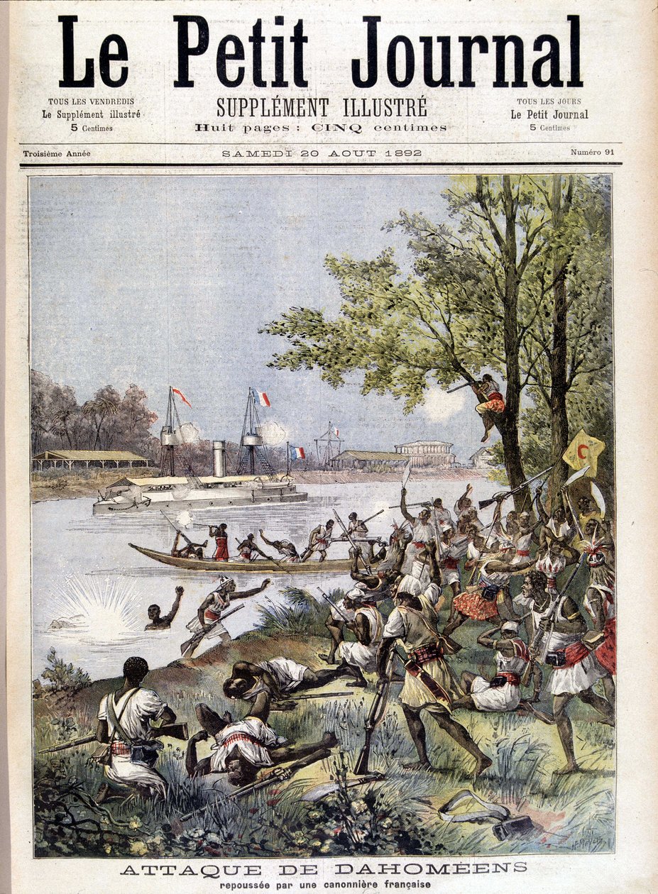 هجوم داهوميون صده زورق حربي فرنسي - في "" Le Petité Journal "" في 20/8/1892 بواسطة فنان غير معروف
