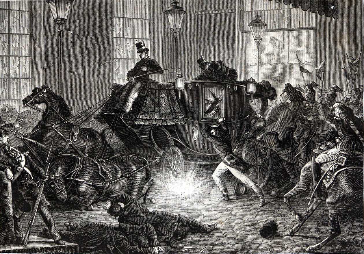 هجوم فيليس أورسيني على نابليون الثالث في 1858/01/01 - في "L'Histoire de France" بقلم هنري مارتن بواسطة فنان غير معروف