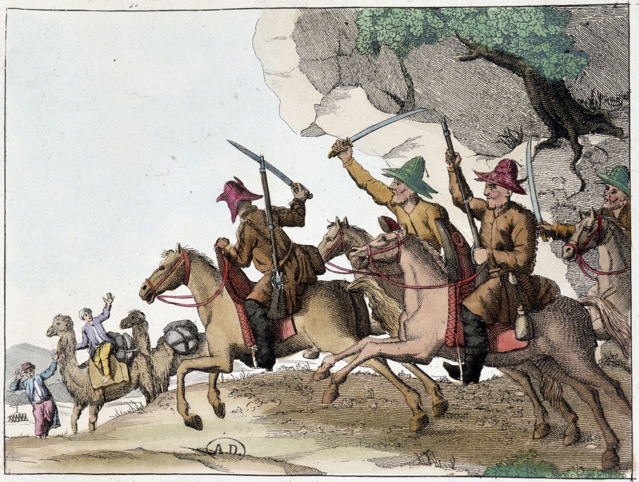 هجوم على قافلة الجمال من قبل مجموعة من قيرغيزستان (أتراك من آسيا الوسطى من أصل منغولي) على ظهور الخيل ، ديب. القرن ال 19 بواسطة فنان غير معروف