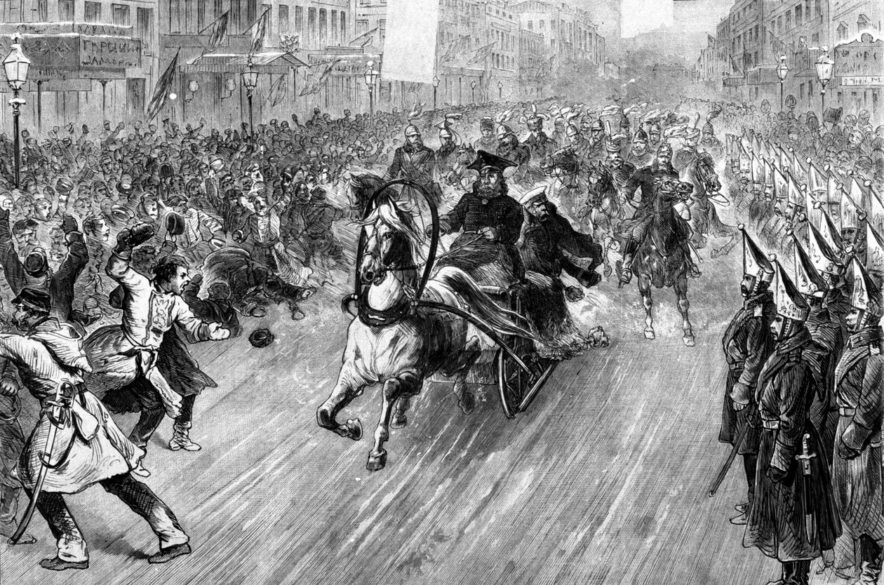 الهجوم على القيصر ألكسندر الثاني (1818 - 1881) في سانت بطرسبرغ عام 1881. رسم توضيحي للقرن التاسع عشر. بواسطة فنان غير معروف