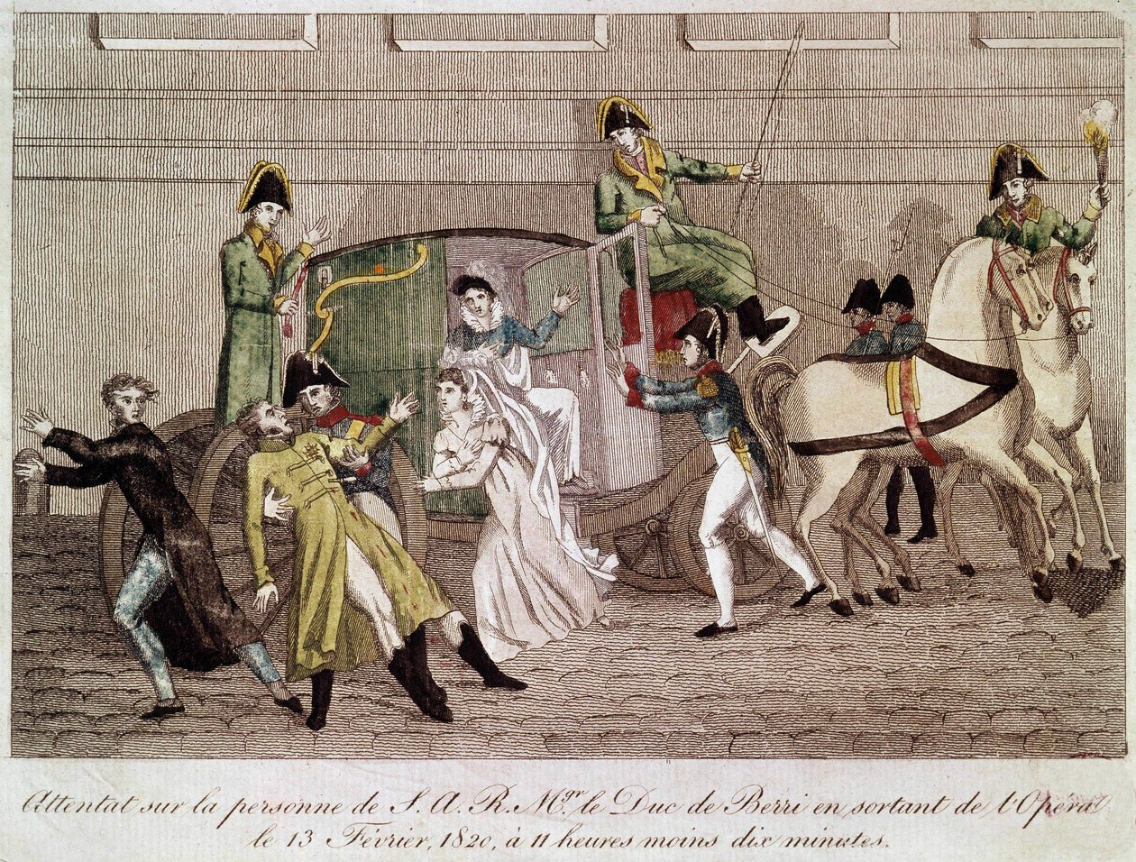 الهجوم على دوق بيري بواسطة لويس بيير لوفيل عند مغادرة الأوبرا في 13 فبراير 1820. نقش القرن التاسع عشر. بواسطة فنان غير معروف