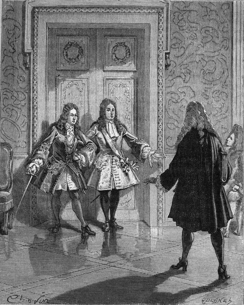 أغسطس 1718: منع القديس سيمون (سانت سيمون) (لويس دي روفروي ، دوق) (1675-1755) المرور إلى دوق مين (لويس أوغست (لويس أوغست) من بوربون) (1670-1736). نقش القرن التاسع عشر. في "تاريخ فرنسا" لجول ميشليه بواسطة فنان غير معروف