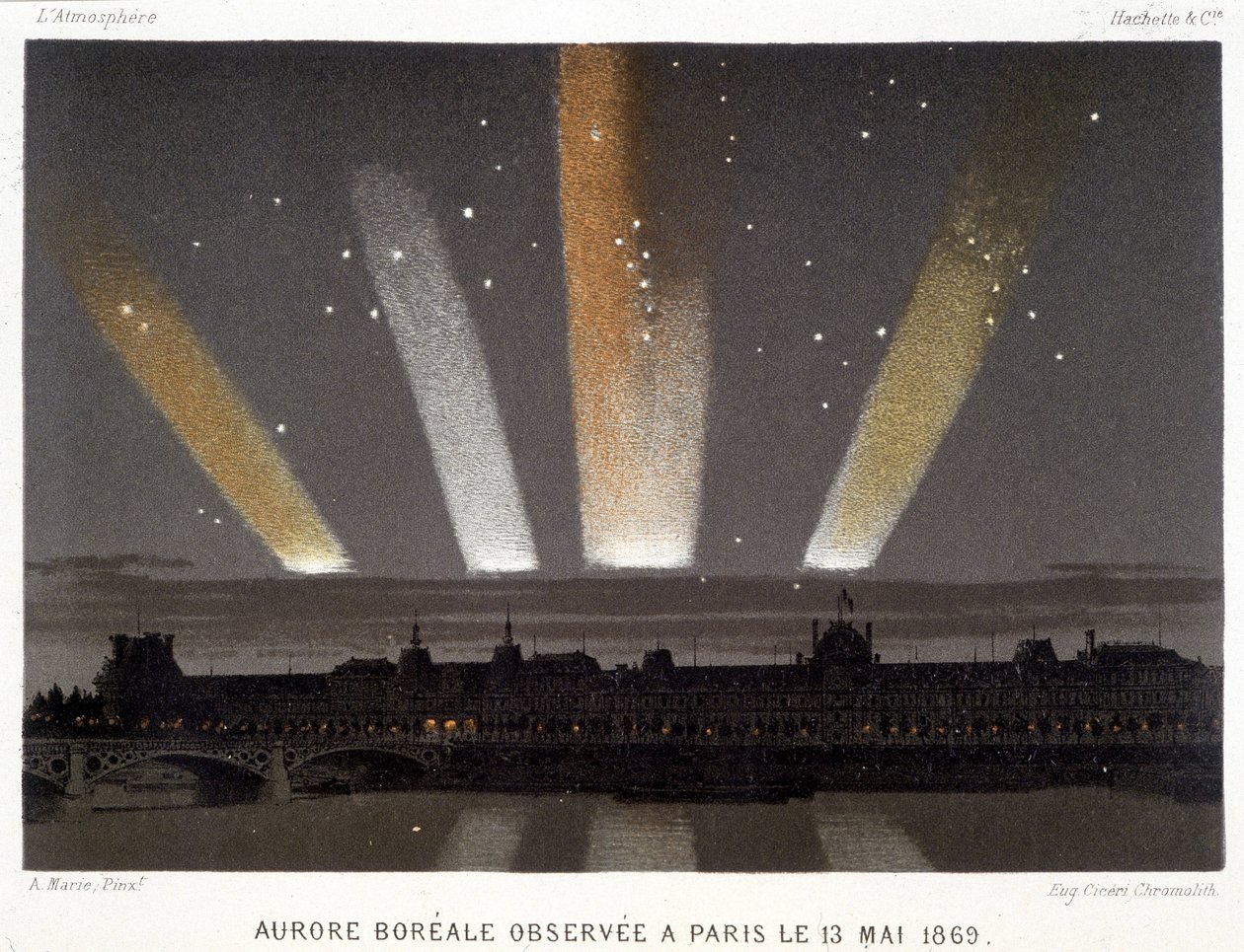 شوهد Aurore Boréale في باريس في 13/05/1869 - في "" المغناطيسية والكهرباء "بواسطة Amédée Guillemin بواسطة فنان غير معروف