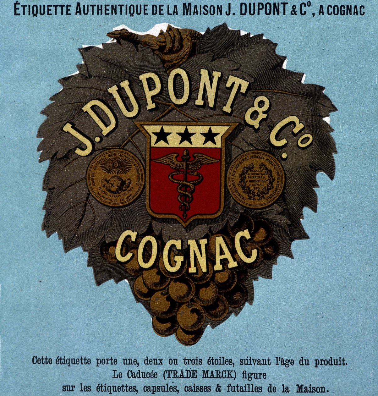تسمية أصلية من J. Dupont & C، Cognac. طبعة عام 1882 بواسطة فنان غير معروف
