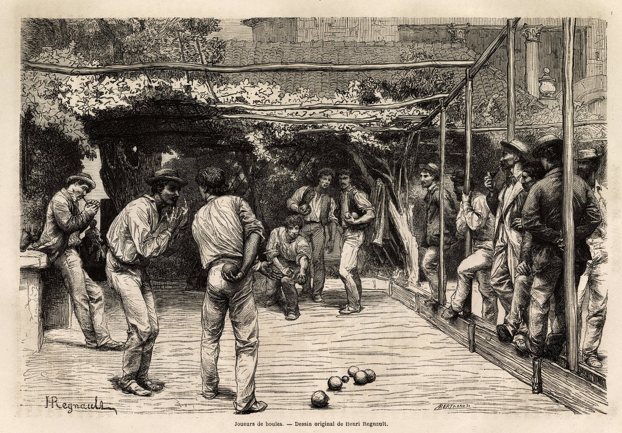 لاعبو الكرة في روما (إيطاليا). نقش لتوضيح الرحلة إلى روما ، بقلم فرانسيس وي ، في 1864-1868 ، نُشر في "Le tour du monde ، nouveau journal des voyages" ، تحت إشراف إدوارد شارتون بواسطة فنان غير معروف