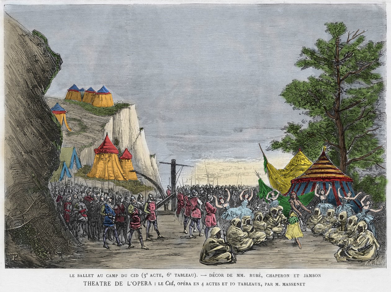 Ballet scene at the military camp of the Cid Illustration of “” Le Cid”” opera by Jules Massenet, after the piece by Pierre Corneille and the poem by Guillen de Castro. Engraving of the 19th century بواسطة فنان غير معروف