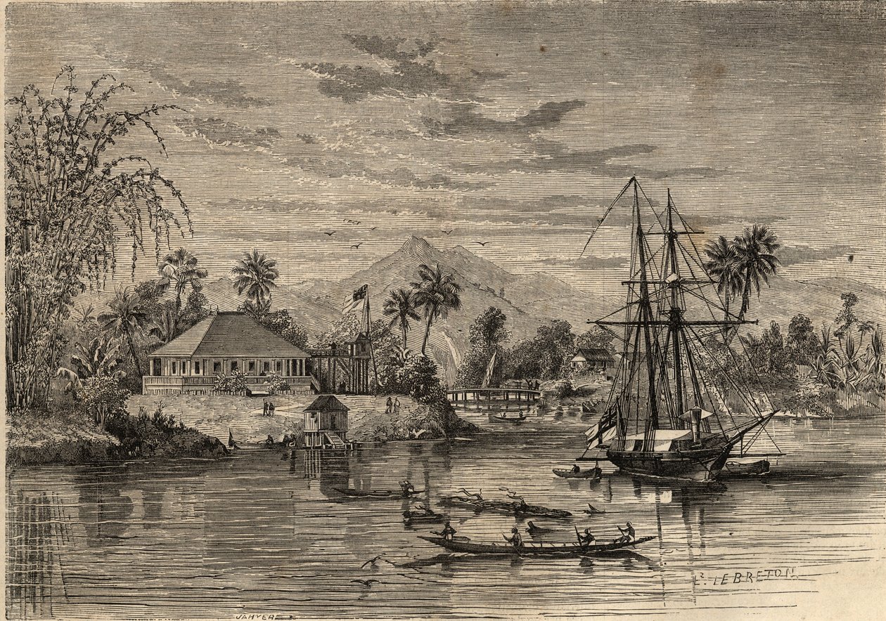 بنغالو ، موطن السير جيمس بروك ، المعروف باسم راجا ساراواك (1803-1868) ، المغامر البريطاني الأول راجا أبيض من ساراواك بالقرب من ساراواك (بورنيو). نقش في "لوموند لامع" من عام 1857. مجموعة خاصة. بواسطة فنان غير معروف
