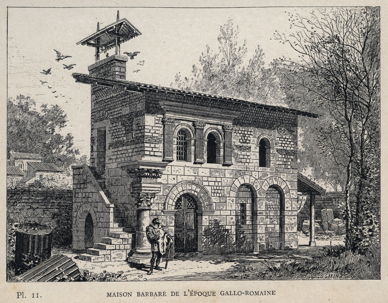 البيت البربري لفترة جالو رومان (غالو روماني) - (العصر البربري في غالو الروماني) نقش عام 1889 في "Histoire de habitation humaine في المعرض العالمي لعام 1889 ، بواسطة السيد Charles GARNIER - Librairie centrale des beaux-Arts باريس 1889 بواسطة فنان غير معروف