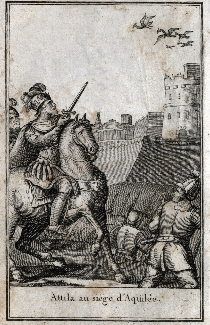 الغزوات البربرية - أتيلا (حوالي 406-453) ، ملك الهون ، أثناء حصار أكويلي (أكويليا) في إيطاليا ، 452. نقش في "Beaute de l'histoire du basse Empire" redige بواسطة PJBN 1814 بواسطة فنان غير معروف