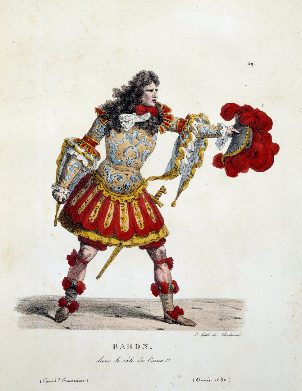 زي البارون في دور سينا عام 1680. زي الكوميديا الفرنسية لهيبوليت ليكومت (1781-1857). نقش القرن التاسع عشر. كول. هيا بنا. بواسطة فنان غير معروف