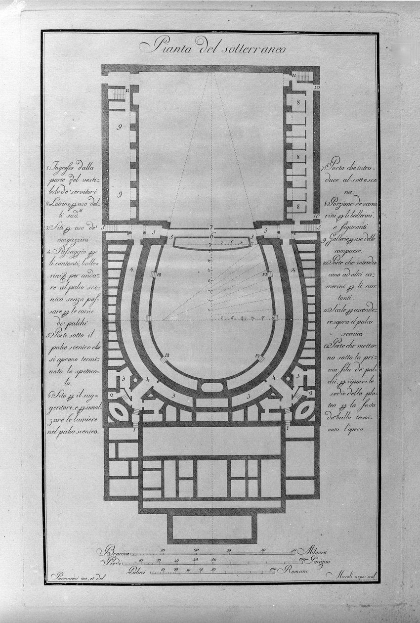 مخطط الطابق السفلي لمسرح دي لا سكالا في ميلانو كاليفورنيا. 1776-1778 إيطاليا (تياترو ألا سكالا) (خريطة معمارية لمسرح سكالا ، ميلان) نقش بواسطة فنان غير معروف