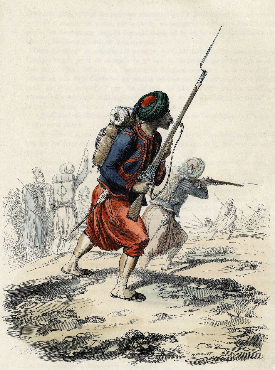 كتيبة الزواف التابعة للجيش الفرنسي ، المؤلفة من السكان الأصليين ، التي شكلها الجنرال كلاوسل في عام 1830 لرحلة استكشافية للأطلس إلى الجزائر ، في "" L'Algerie ancienne et moderne "بقلم ليون غاليبرت بواسطة فنان غير معروف