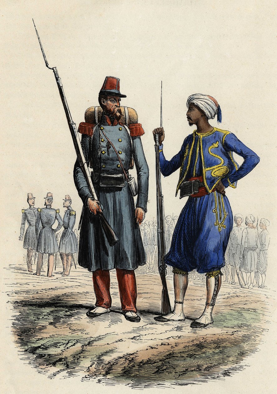 تشكلت كتيبة الفيلق الأجنبي وأرسلت إلى الجزائر عام 1831 ؛ كتيبة من السكان الأصليين Tirailleurs ، تم تشكيلها وإرسالها إلى الجزائر في عام 1841 ، في "" L'Algerie ancienne et moderne "بقلم ليون غاليبرت بواسطة فنان غير معروف