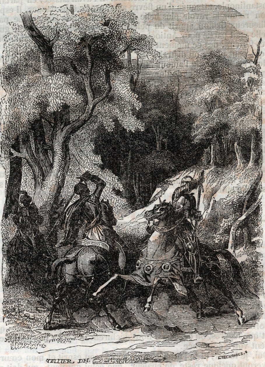 معركة بين Roland و Ferragus - نقش عام 1851 من "Furious Roland" (أورلاندو فوريوسو) (القرن السادس عشر) بواسطة Ludovico Ariosto ، المعروف باسم Ariosta - نسخة مترجمة من الإيطالية بواسطة Count of Tressan ونشرها Gustave Harvard 1851 بواسطة فنان غير معروف