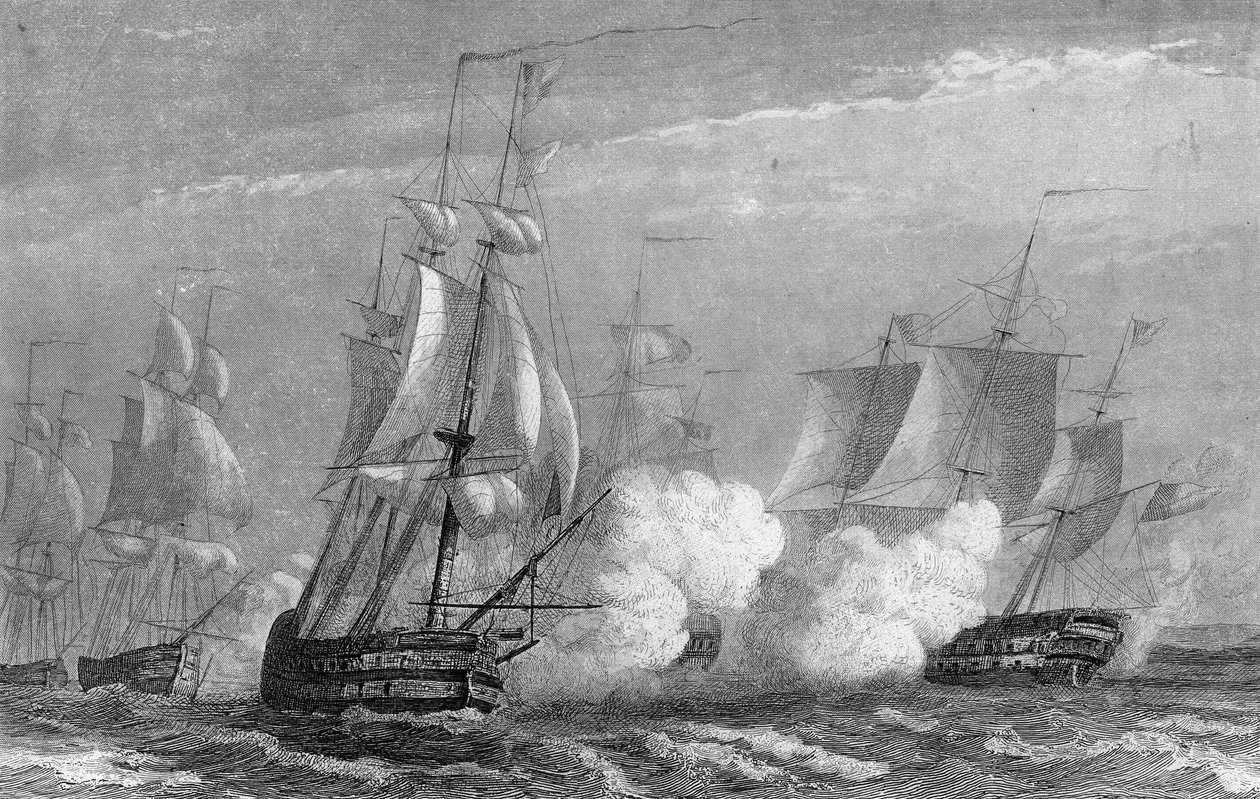 معركة نافال دي أويسانت في القرن الثامن عشر المتنازع عليها بين الفرنسيين والإنجليز في عام 1778. في "هيستوار جنرال دي لا مارين" بقلم فان تيناك بواسطة فنان غير معروف