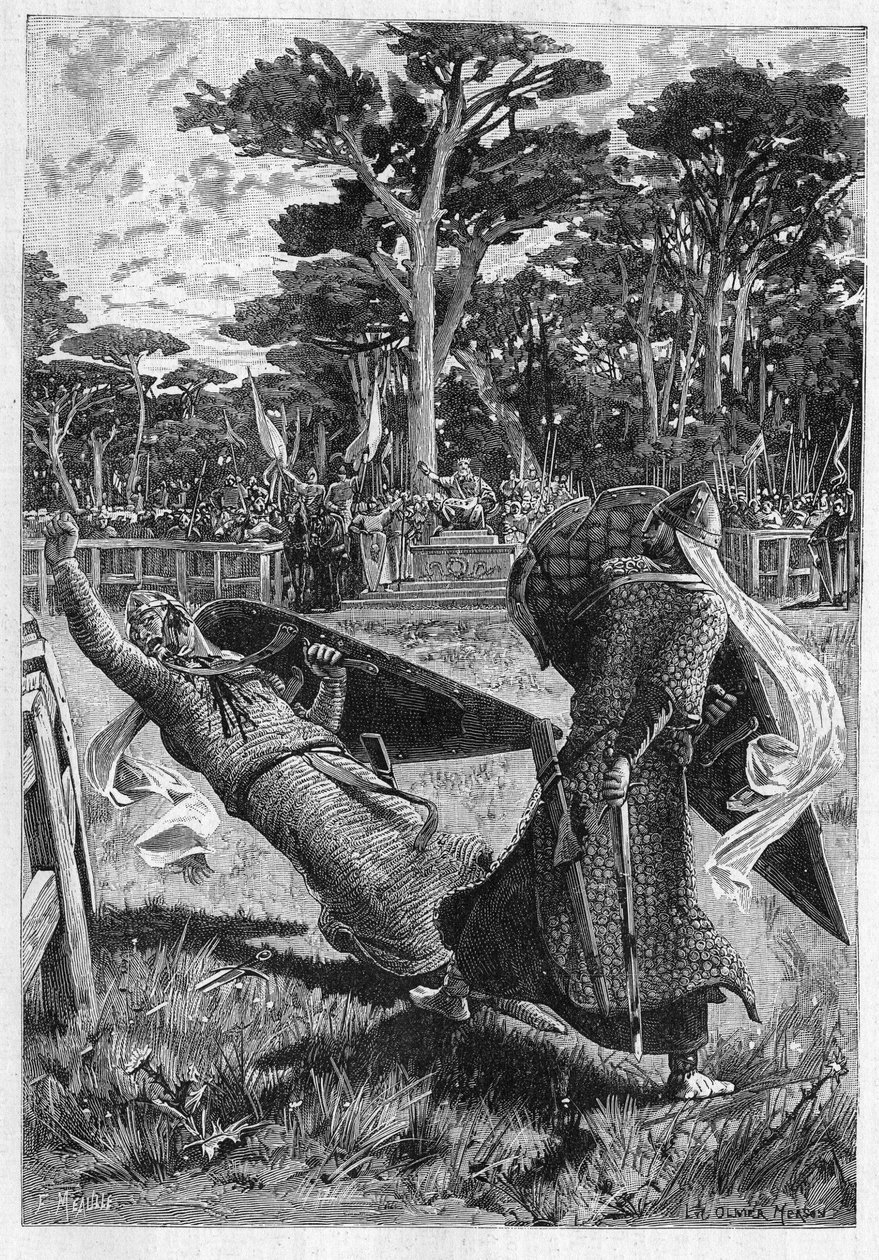 معركة فرسان بينابيل وتيري في العصور الوسطى (العصور الوسطى) في فرنسا. رسم توضيحي لرواية "La chevalerie" للكاتب ليون غوتييه (1832-1897). نقش في "" Le Monde Illustré "" بواسطة فنان غير معروف