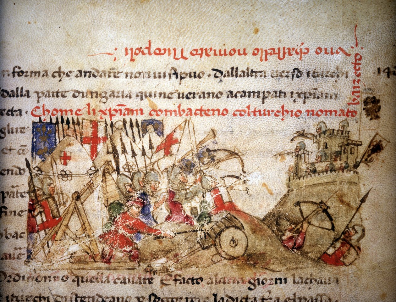 معركة نيكوبوليس: هزيمة المسيحيين على يد بايزيد الأول (تركيا) ، في 28/09/1396 - في "" كرونيك ديل سيركامبي "" ، حوالي 1400. الأرشيف الوطني ، لوكا. بواسطة فنان غير معروف