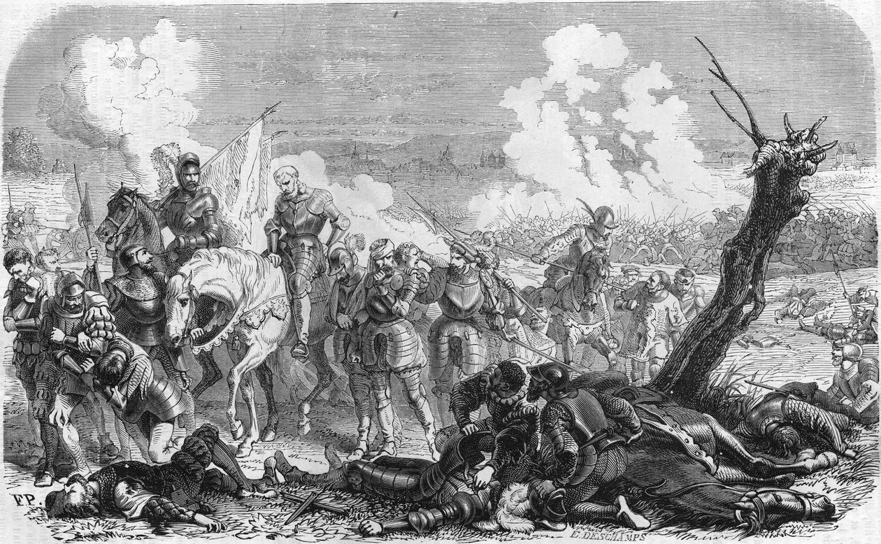 معركة سانت كوينتين عام 1557 ، إحدى حلقات الحرب الطويلة التي خاضت مملكة فرنسا وإسبانيا. غافور من القرن التاسع عشر. بواسطة فنان غير معروف