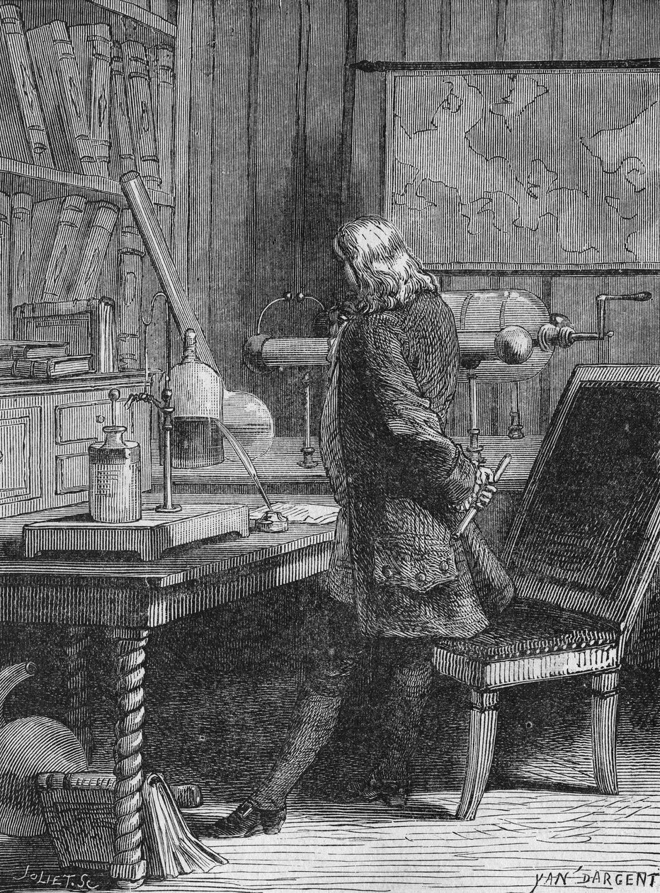 بنجامين فرانكلين في معمل الفيزياء الخاص به في فيلادلفيا. في "Album de la Science" ، Éditions Jouvet بواسطة فنان غير معروف