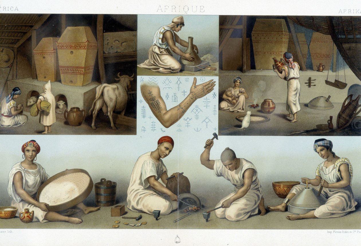البربر القبايل: التصميم الداخلي لمنزل منطقة القبائل - الصناعة - الوشم - في "" Le costume historyique "بقلم Racinet بواسطة فنان غير معروف