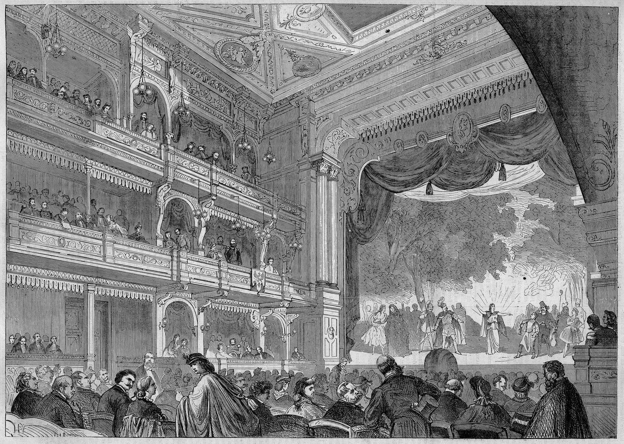برلين ، منظر للقاعة الجديدة لمسرح Wallner الذي أعيد بناؤه عام 1865. في "" L'univers Illustré "، في 3/11/1866. بواسطة فنان غير معروف
