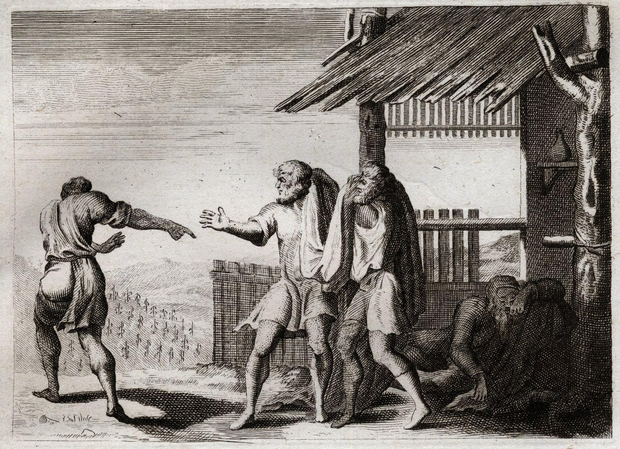إنجيل رويومونت ، العهد القديم: ملعون شام أبيه (سكران نو). شام ، ثاني أبناء نوي ، يرى والده في وضع غير لائق ، ولا يهتم به ، ويلعن عليه. رسم توضيحي من عام 1811. بواسطة فنان غير معروف