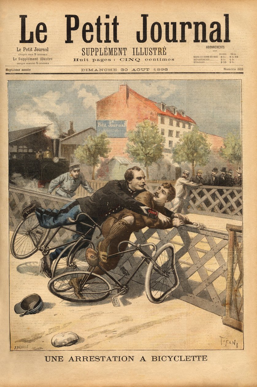 توقيف دراجة بالقرب من Champigny. نقش في "" مجلة Le petit "" 30/8/1896. مجموعة سيلفا. بواسطة فنان غير معروف