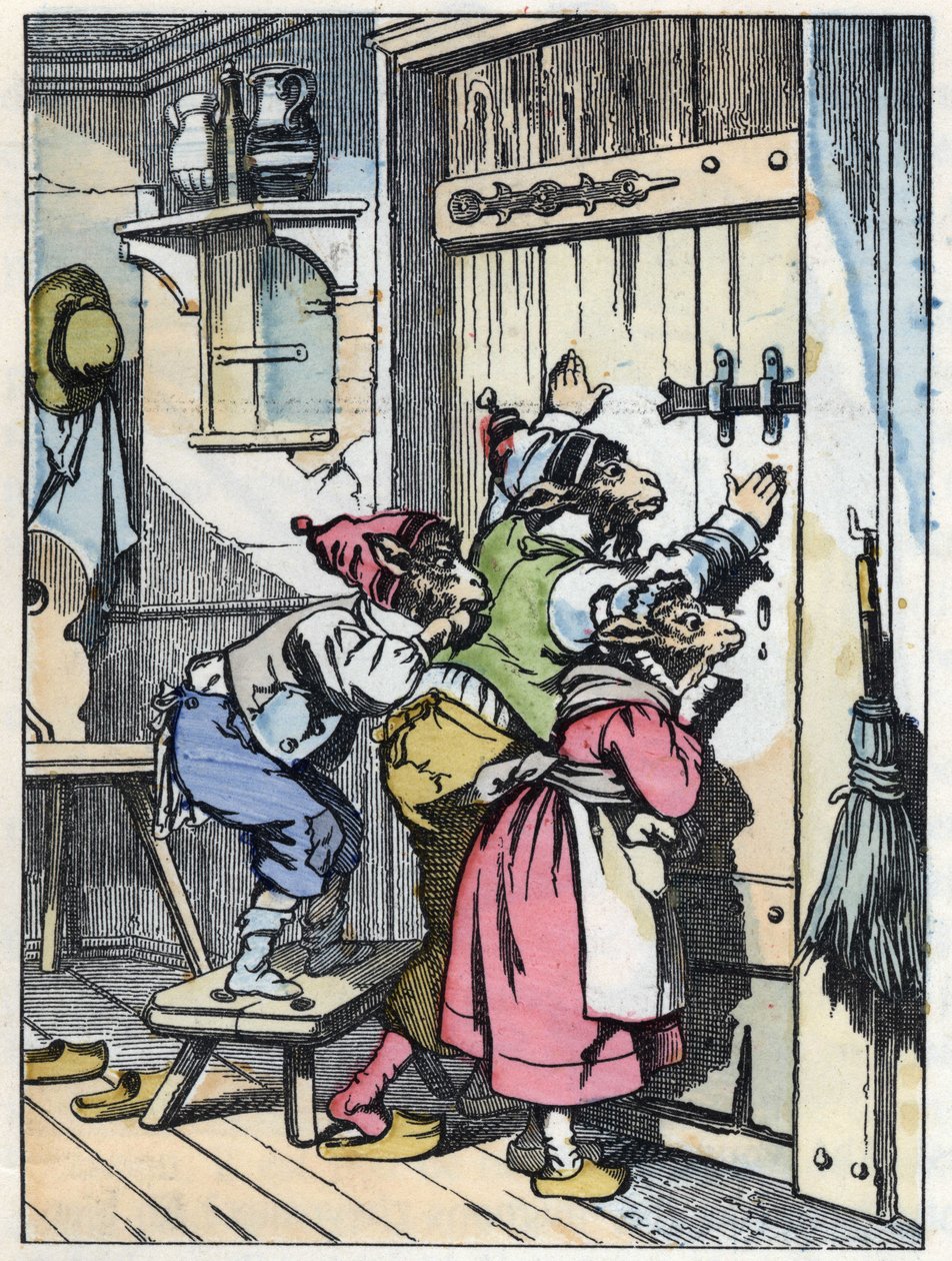 يستمع البيكيت إلى من يقرع الباب. رسم توضيحي لحكاية "Compere le Loup، Maitre Renard، Comere la Chevre et ses petits biquets" بعد حكاية جان دو لا فونتين. في "" حكايات من المنزل للصغار "". نقش مجهول لـ 1 بواسطة فنان غير معروف