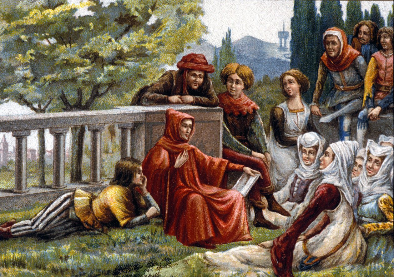 Boccacio (Boccacio) يقرأ Decameron لأصدقائه أثناء وباء الطاعون في فلورنسا حوالي عام 1348. الطباعة الحجرية الملونة في أواخر القرن التاسع عشر. بواسطة فنان غير معروف