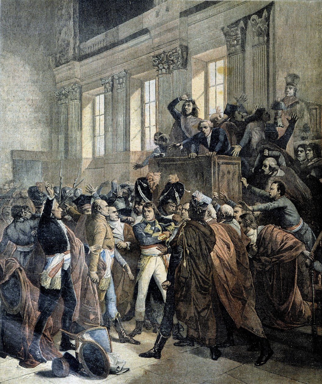 بونابرت في انقلاب 18 برومير في غرفة مجلس الخمس سنتات (Cinq Cents) (salle des 500) في Saint Cloud - في "" Le Petite Journal "، 03/1893 بواسطة فنان غير معروف