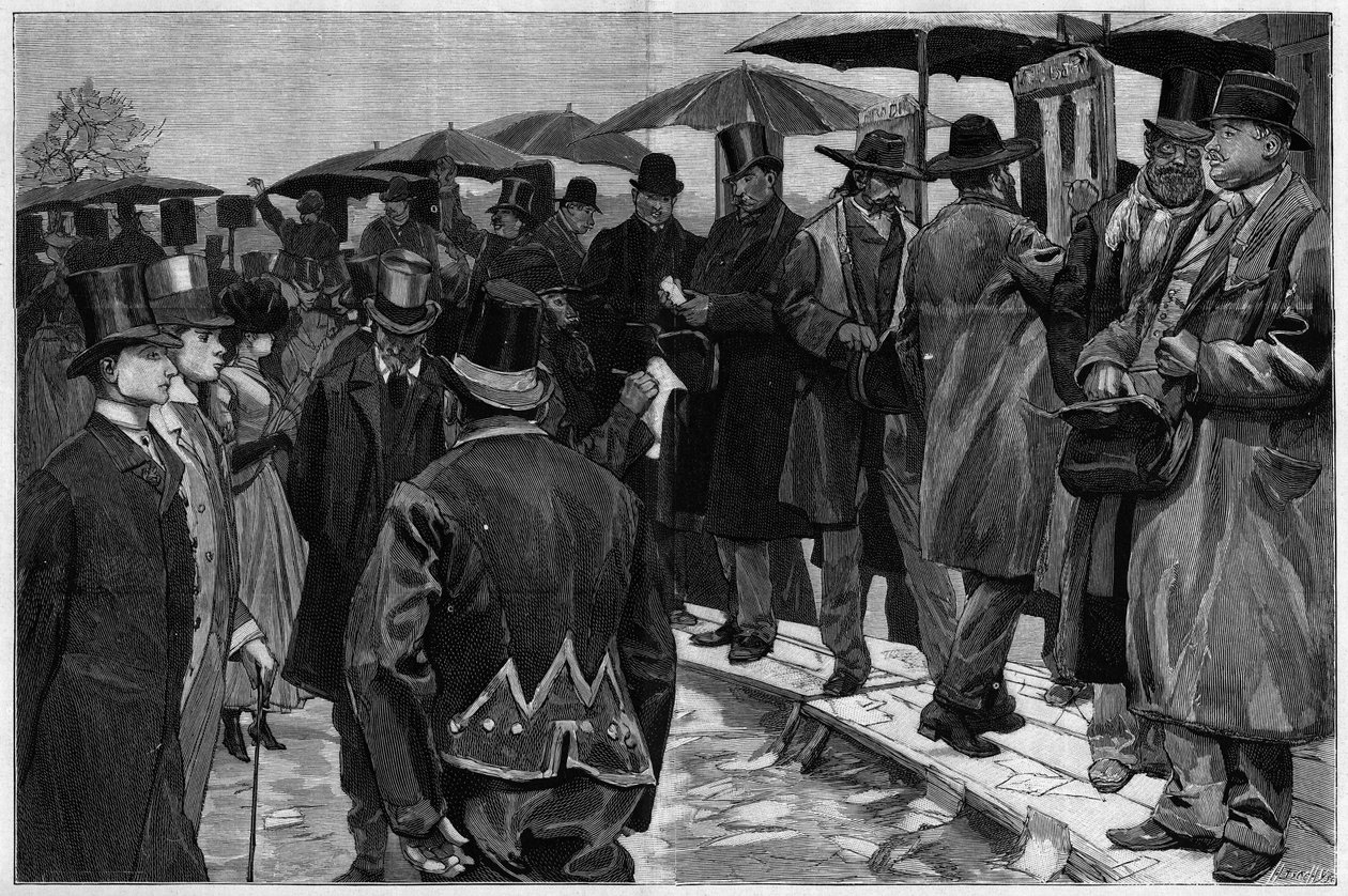 صانعو الكتب في مضمار سباق أوتويل قبل إزالة الأوتاد ، في "" Le Monde Illustré "" 1887. بواسطة فنان غير معروف
