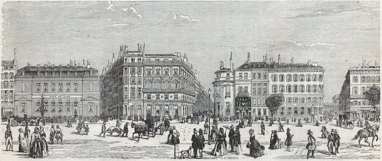 Boulevard des Italians مع مقهى باريس ، شارع Taitbout ، the house doree ، شارع Lafitte ، مقهى Riche وشارع Lepelletier - نقش في "Tableau-de-Paris" بواسطة Edmond Texier 1852 بواسطة فنان غير معروف