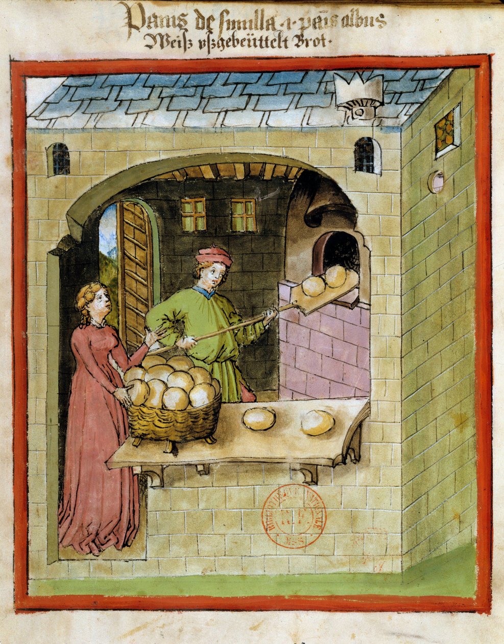 صنع الخبز: خباز يخبز الأرغفة. الإضاءة من حلب الأدوية وعلم التغذية "" Tacuinum sanitatis "" بواسطة فنان غير معروف