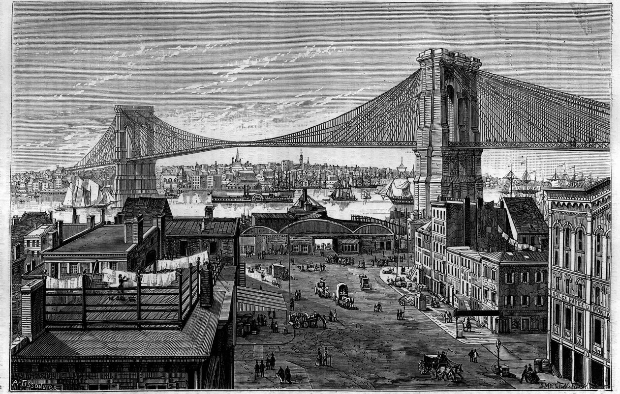 جسر بروكلين. يبدأ في عام 1869 ، وكان قيد الإنشاء وقت النقش ، وسيتم الانتهاء منه في عام 1883. نيويورك (نيويورك) ، الولايات المتحدة (الولايات المتحدة). النقش في "" La Nature: Revue des sciences et de leurs Applications aux Arts et a l'industrie بواسطة فنان غير معروف