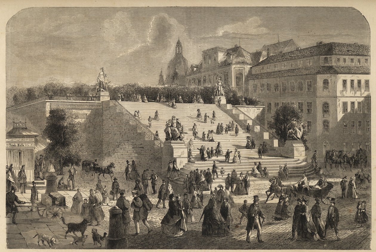 شرفة Bruhl's في درسدن ، ألمانيا - الدرج الكبير لشرفة Bruhl في درسدن عام 1864 - بواسطة فنان غير معروف