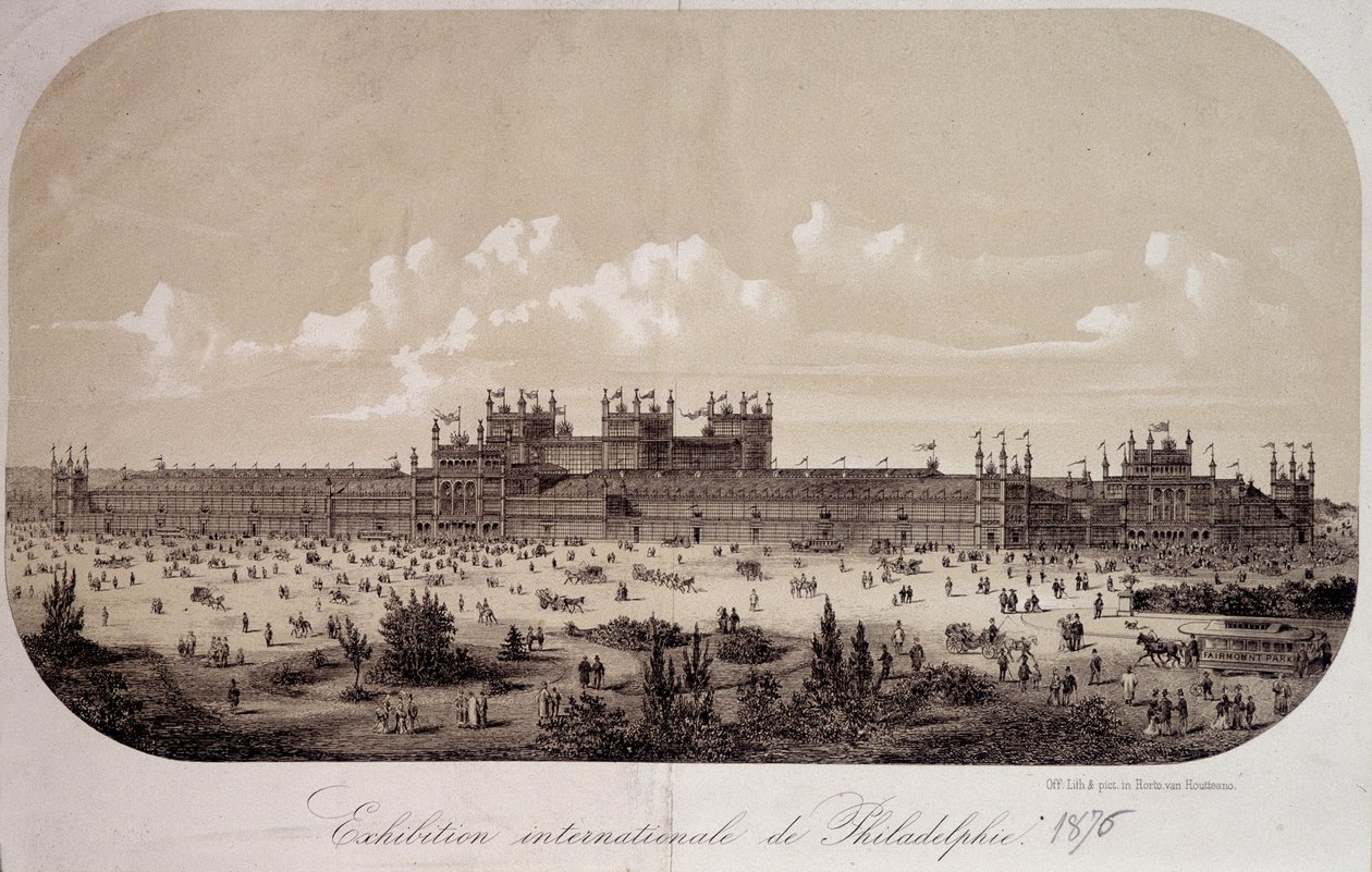يحتفل المبنى بالذكرى المئوية لتأسيس الولايات المتحدة (1776-1876) في المعرض الدولي لفيلادلفيا بواسطة فنان غير معروف