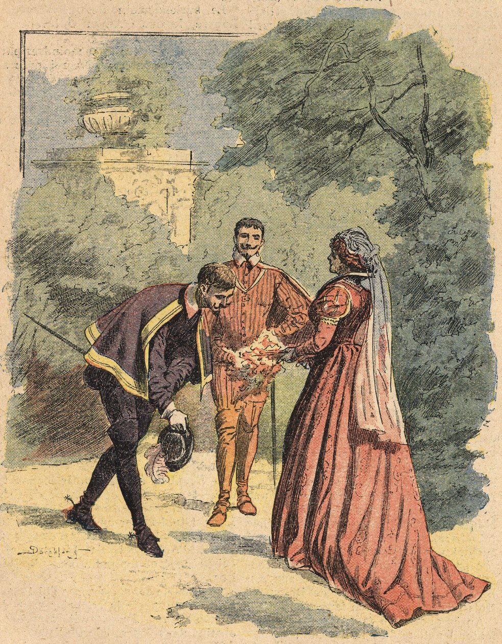 بوسي يحيي جين برفقة القديس لوقا في الحديقة. رسم توضيحي لرواية "La Dame de Monsoreau" للكاتب ألكسندر دوما ، في "Journal des novels populaires Illustrated" بواسطة فنان غير معروف