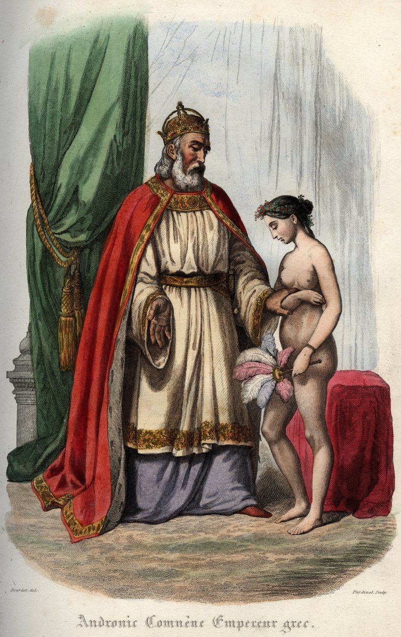 الإمبراطور البيزنطي Andronikos I Komnenos (أو Andronicus I Comnenus (1118-1185) (Andronic I Comnene) وزوجته Agnes من فرنسا (1171-1240) الذي أُجبر على الظهور عاريًا بسبب العربدة. نقش من عام 1842 في "Histoire des الباباوات "" لموريس لاشاتر بواسطة فنان غير معروف